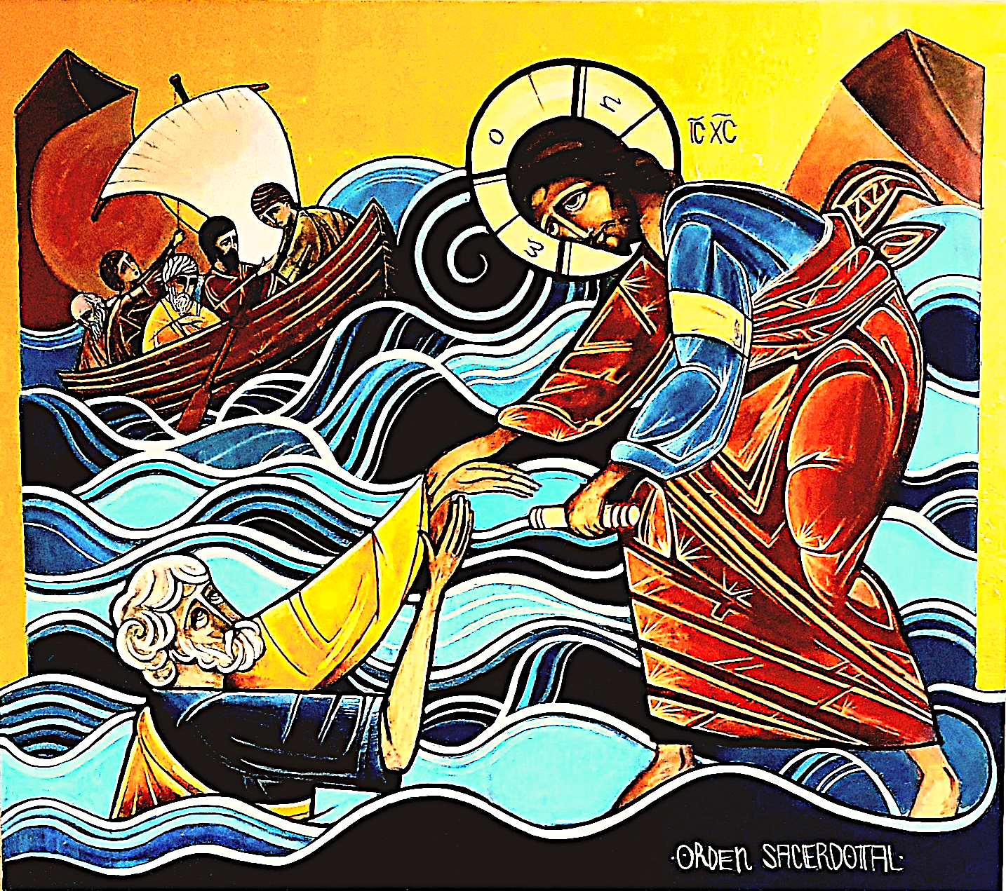 Icono que representa a Jesus caminando sobre las aguas y tendiendo una manoa a S. Pedo que se hunde